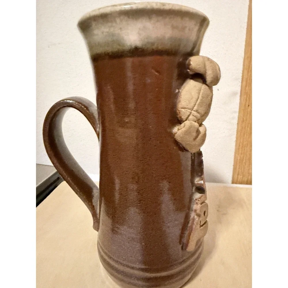 handmade stoneware pottery beer stein or mug Football TOUCHDOWN 8in